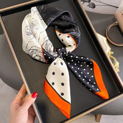 100% Mulberry Silk Square Scarf Women Neckerchief Wrap Black White Flowers 68cm