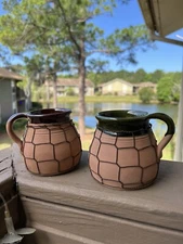 Slovakian Hand Made Studio Art Pottery Mugs Set Of Two Green And Brown 12oz