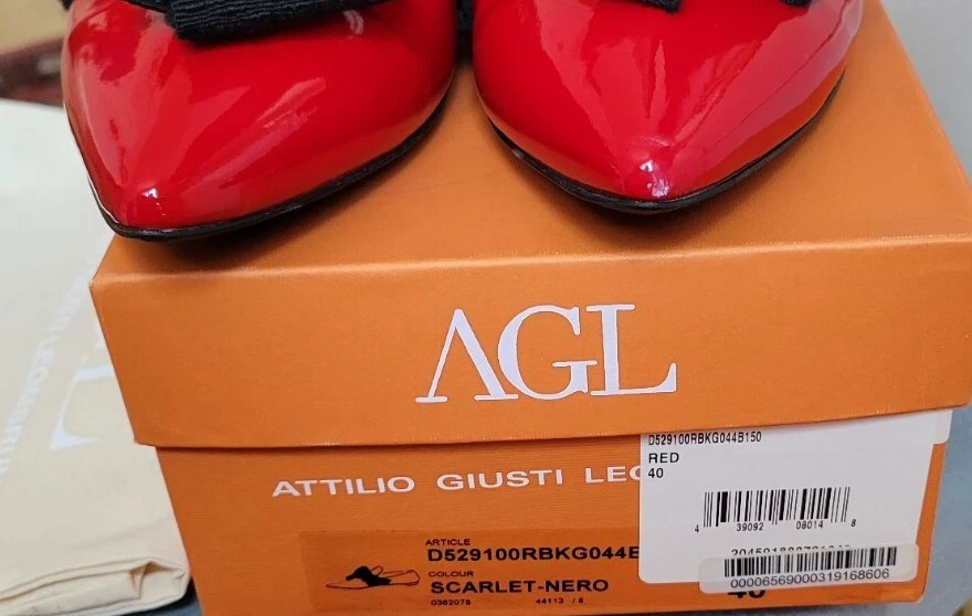AGL Zapatos de charol rojo para dama 40 lazo negro, atrevidos, hechos en Italia Foto 3 de 4