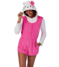 NWT Women's Med Hello Kitty Romper Pajamas w/Hood Sanrio Pink One Piece - Cute