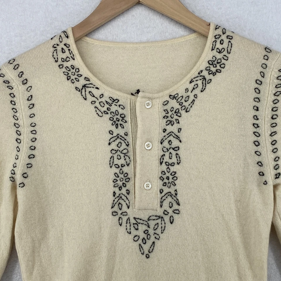 Cashmere Sweater Womens S Boho Henley Embroidered Long Sleeve Pullover Off White - Image 4 of 4