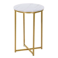 Round Side Table, Round Accent End Table with Sturdy X-Shaped 1 Faux Marble Gold