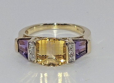 375gg Ring mit Citrin, Amethyst, Diamanten Gr. 54 (Ø17,2mm)