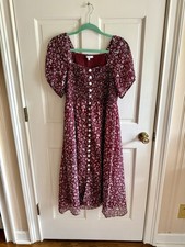 Madewell Burgundy Floral Square Neck Smocked Puff Sleeve Button Midi Dress MP