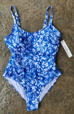 NEW Nicole Miller 1 Piece Bathing Suit Swimsuit L Blue Floral Beach Pool Modest