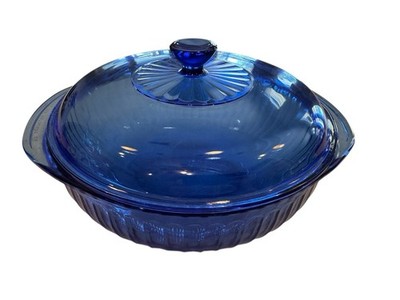 Corning Pyrex Sculptured Cobalt Blue Pattern 2 Qt Round Covered Casserole 8 3/4''