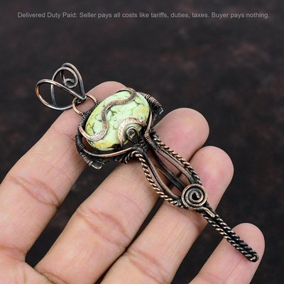 Copper Oval Natural Lemon Chrysoprase Wife Wedding Handmade Wire Wrapped Pendant