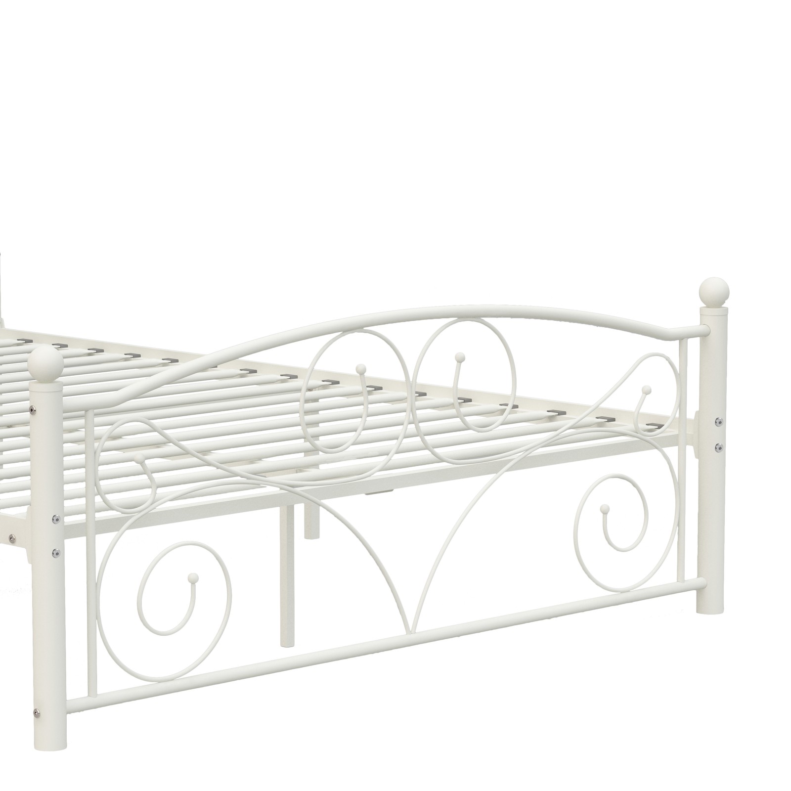 White metal bed frame with scalloped edge, featuring ornate curved footboard and headliner with raised textured floral motifs.