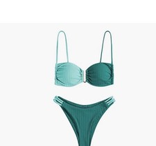 ZAFUL Women's Green High Cut Ribbed Size Medium Bikini Swimsuit 2 Piece Padded