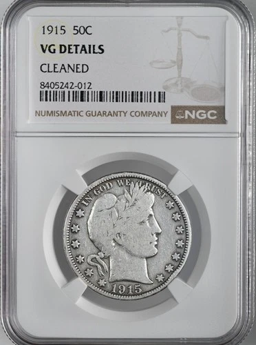 1915-P  50C BARBER SILVER HALF DOLLAR NGC VG DETAILS "CLEANED" #8405242-012