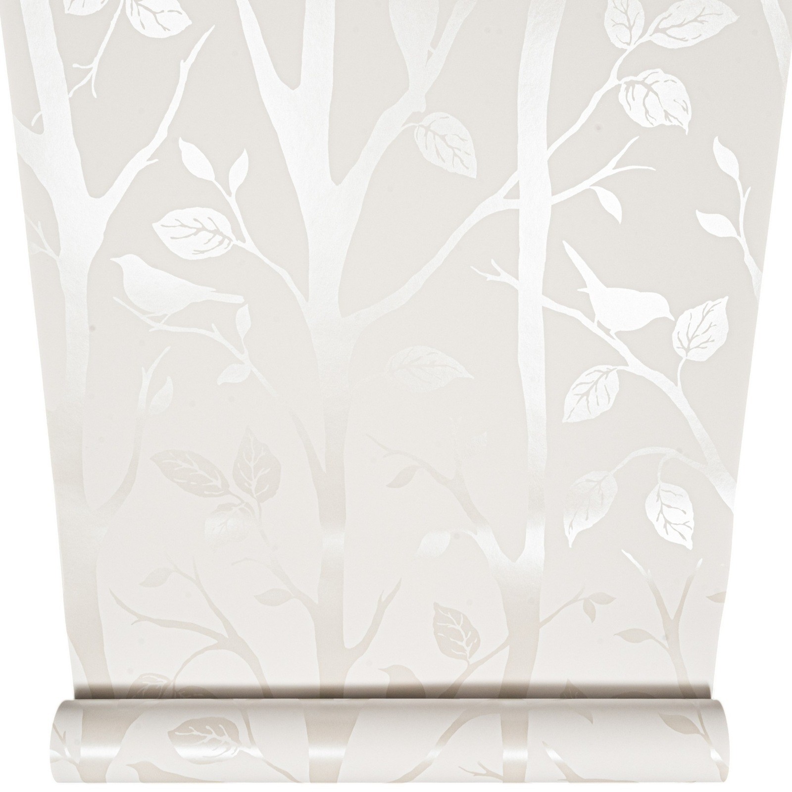 Off White Trees Birds Wallpaper Leaf Cream Shimmer Smooth Finish Feature Bedroom