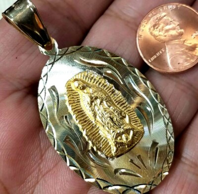 GoLD Jungfrau Maria Guadalupe 14k Anhänger gelb oval massiv echte Halskette 2,30''