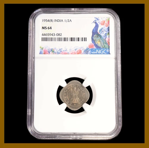 British India 1/2 Anna, 1954 (B) Bombay NGC MS 64 Zebu Bull Lion 4465943-082