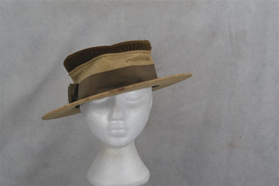 sombrero antiguo marrón tostado terciopelo ala ancha cloche victoriano eduardiano original Foto 4 de 4