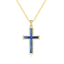  Yellow Gold Plated Necklace Women's Pendant Cross Blue Opal Lobster Clasp B180