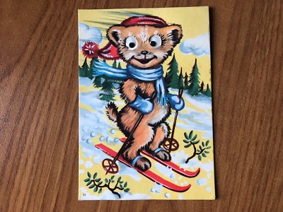 VINTAGE AK BÄR AUF SKI MIT BEWEGLICHEN AUGEN GEREIST 1961