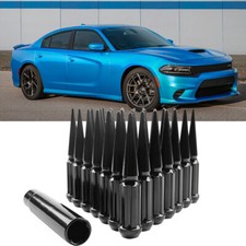 For Dodge Charger RT SRT Black 24PCS Spline Spike Long Lug Nuts 14x1.5 4.4" Tall