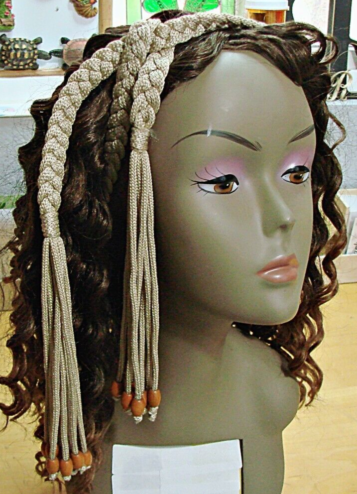 Braided Fringe Beaded Boho Waist Belt Beige Brown Thin Dress  display picture 2