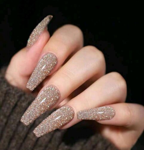 20pcs Long Coffin Glitter Press On Nails WITH GLUE