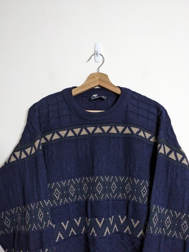 Vintage 3D Cable Knit Jumper Mens 18 Blue 100% Pure New Wool Made In Australia - Picture 5 of 9