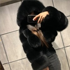 Women Luxury Faux Fur Hood Shaggy Jacket Winter ShortTop Coat Warm Outwear Gifts