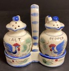 Vintage NASCO Japan Blue Rooster Salt, Pepper, Caddy Fruit, Floral, Hand Painted — photo 1