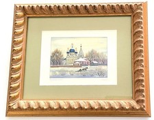 Winter Landscape Watercolor with Gold Frame, Orthodox Church, Horse Scene