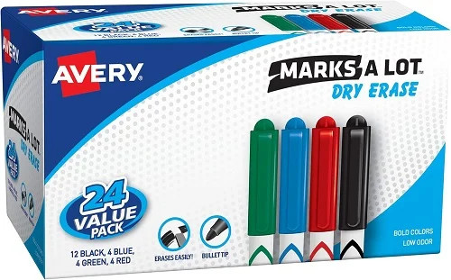 Avery 29860 Dry-Erase Markers, Bullet Tip, Value Pack, 24/BX
