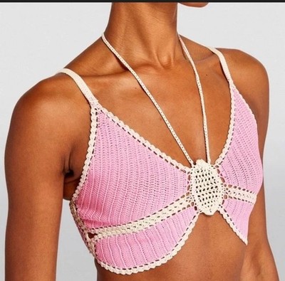 NEW SANDRO Butterfly Crochet Crop Top Women Size 3 US/ Medium Pink White Summer