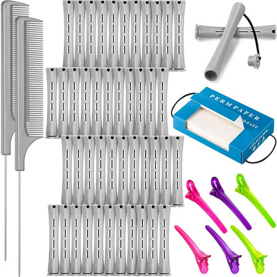 Hair Styling Kit: 48 Hair Perm Rods Plastic Cold Wave Rods, 2 Steel Pintail Comb
