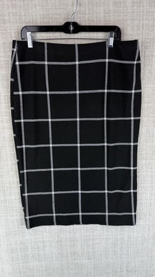 IRIS Skirt Womens 2X Black Straight Pencil Midi Pull On Stretch Check Workwear