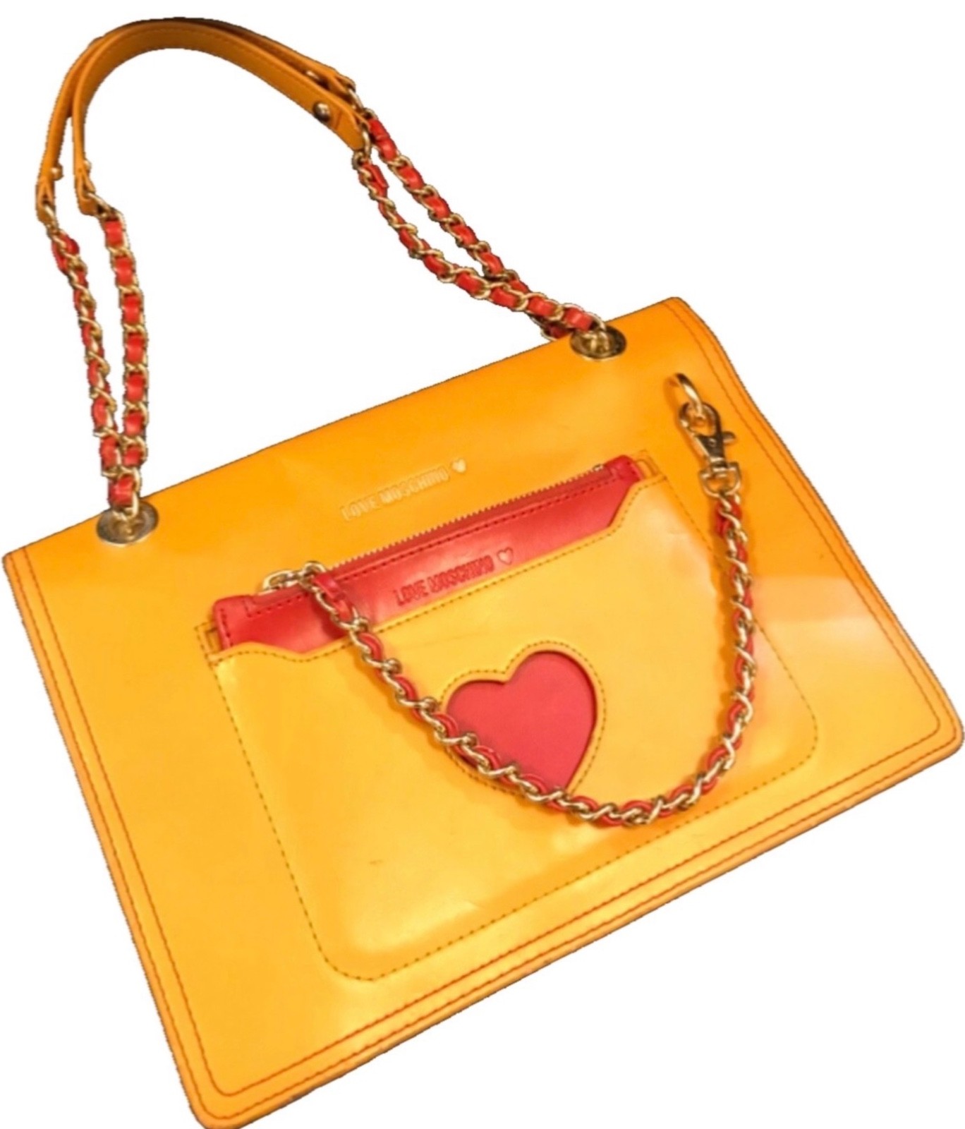LOVE MOSCHINO Mustard and Red Chain Link Logo Plaque Bag image 6