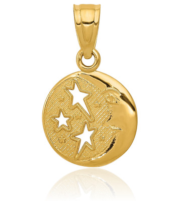 14K massives Gelbgold Medium Mond Sterne Medaille Anhänger Halskette 20mm 3/4 Zoll