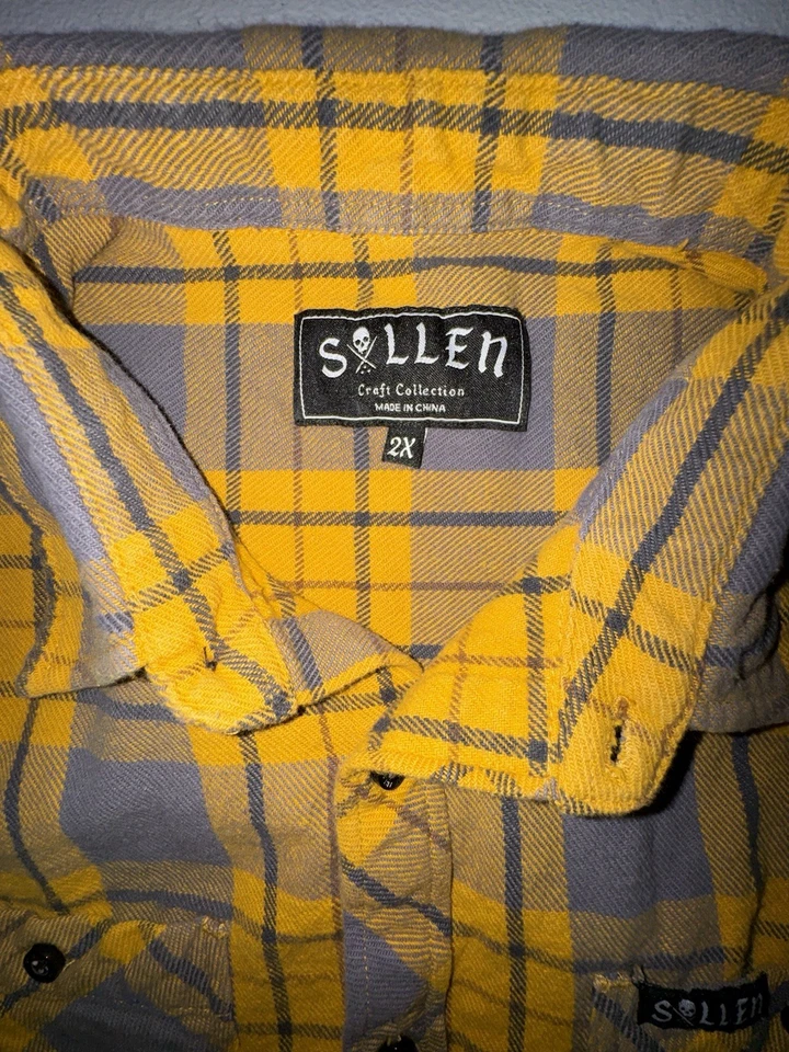Camisa de franela Sullen Art Collective para hombre 2XL amarillo gris tatuaje peso pesado Foto 3 de 4