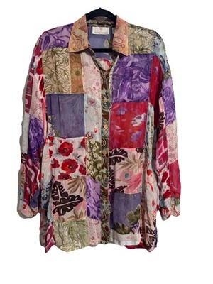 Sacred Threads Medium Tunic Shirt Womens Patchwork Floral Boho Rayon Artsy