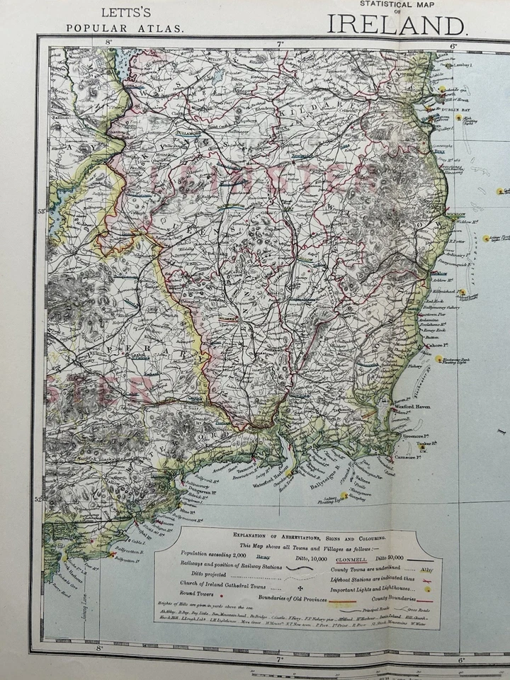 Mapa a color antiguo original de Irlanda del Sudeste de 1883 por Letts Foto 2 de 3