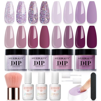 Dip Powder Nail Kit Fall Winter Dark Purple Lilac Purple Glitter 4 Colors Nai...