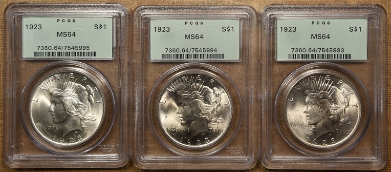 Lot of 3 1923 Peace dollars, all PCGS MS64 OGH's SEQUENTIAL! all orig white DKRC