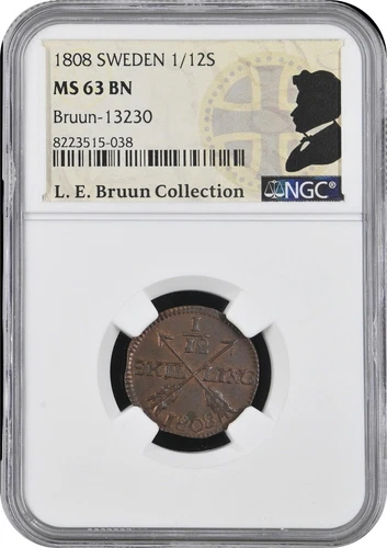 SWEDEN 1/12 Skilling 1808. Avesta Mint. Gustav IV Adolf NGC MS63, Ex: L.E. Bruun