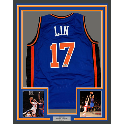 Framed Facsimile Autographed Jeremy Lin 35x39 New York Blue