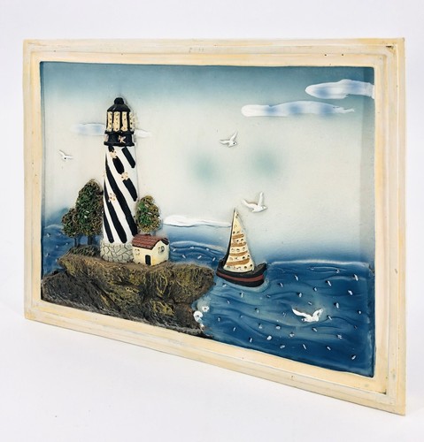 LightHouse Framed Wall Art Ocean Scene with Seagulls 3D Fiber Optic Vintage - Bild 7 von 9