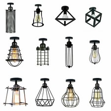Vintage Semi Flush Ceiling Light Black Cage Lamp E27 Fitting for Hallway Bedroom