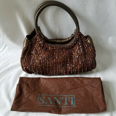 Sac à Main Santi Brodé Perles Bois - Marron, Doublure Bronze, Occasion Bon état