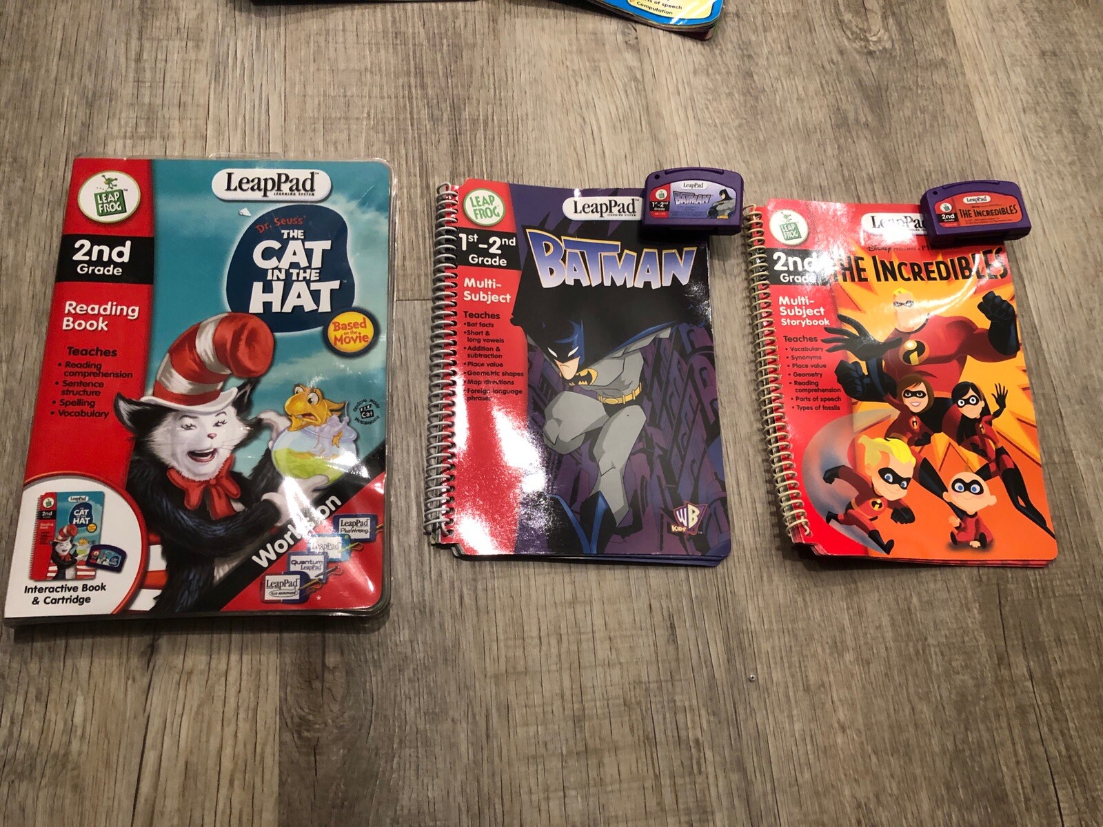 3 Leapfrog LeapPad Book /Cartridge Disney INCREDIBLES, BATMAN, CAT IN THE HAT