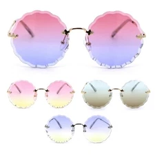 Womens Daisy Bevel Cut Round Hippie Circle Lens Rimless Sunglasses