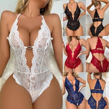 Womens V-Neck Crochless Bodysuit Lingerie Leotard Babydoll Underwear Sleepwear