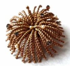 BROCHE ancienne doré perle strass fontaine Goldtone BROOCH pin twist starburst !