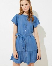 New Ann Taylor LOFT Chambray Blue Tie Waist Flutter Flounce Fit Flare Dress 4
