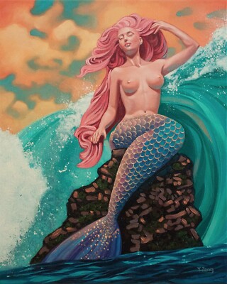 Mermaid with pink hair, Original fantasy artwork oil painting, 16''x20''