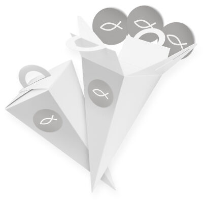itenga Set 24x Geschenktüte 14cm Griff Weiß Sticker Fisch Kommunion Konfirmation